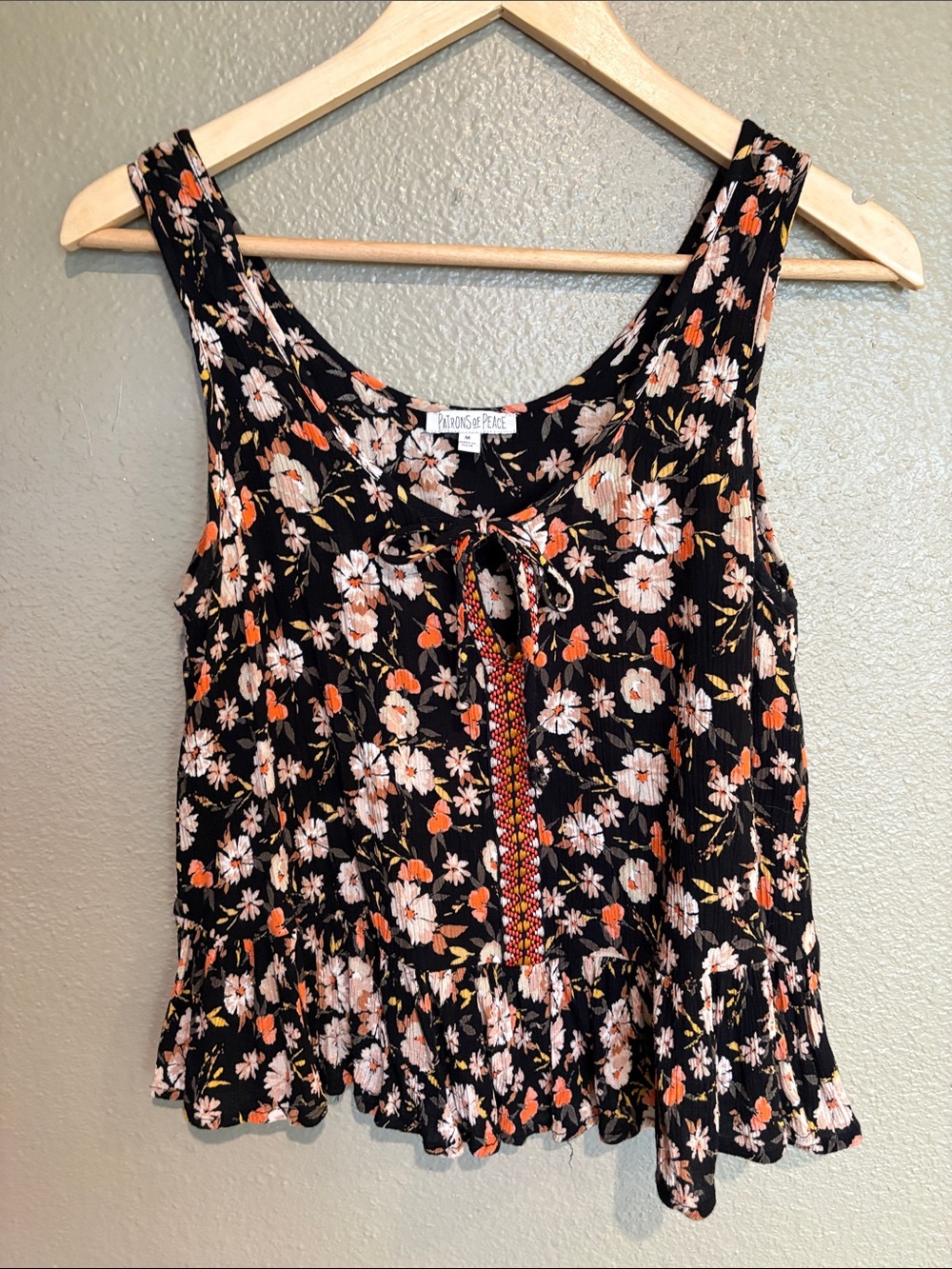 Patrons of Peace Black Floral Tie-Front Tank with Ruffle Hem